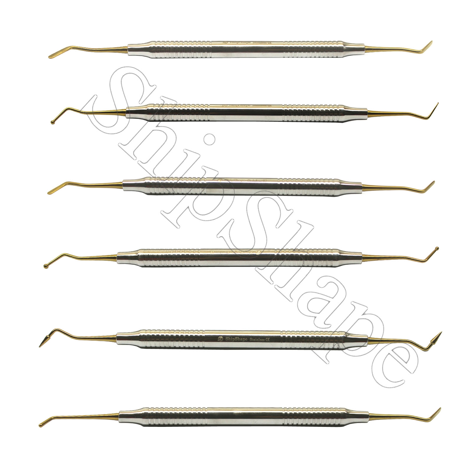 Dental Composite Filling Instruments Titanium Coated Gold Tips Double Ended Scalers - Set of 6-0 Dental Composite Filling Instruments Titanium Coated Gold Tips Double Ended Scalers - Set of 6-0