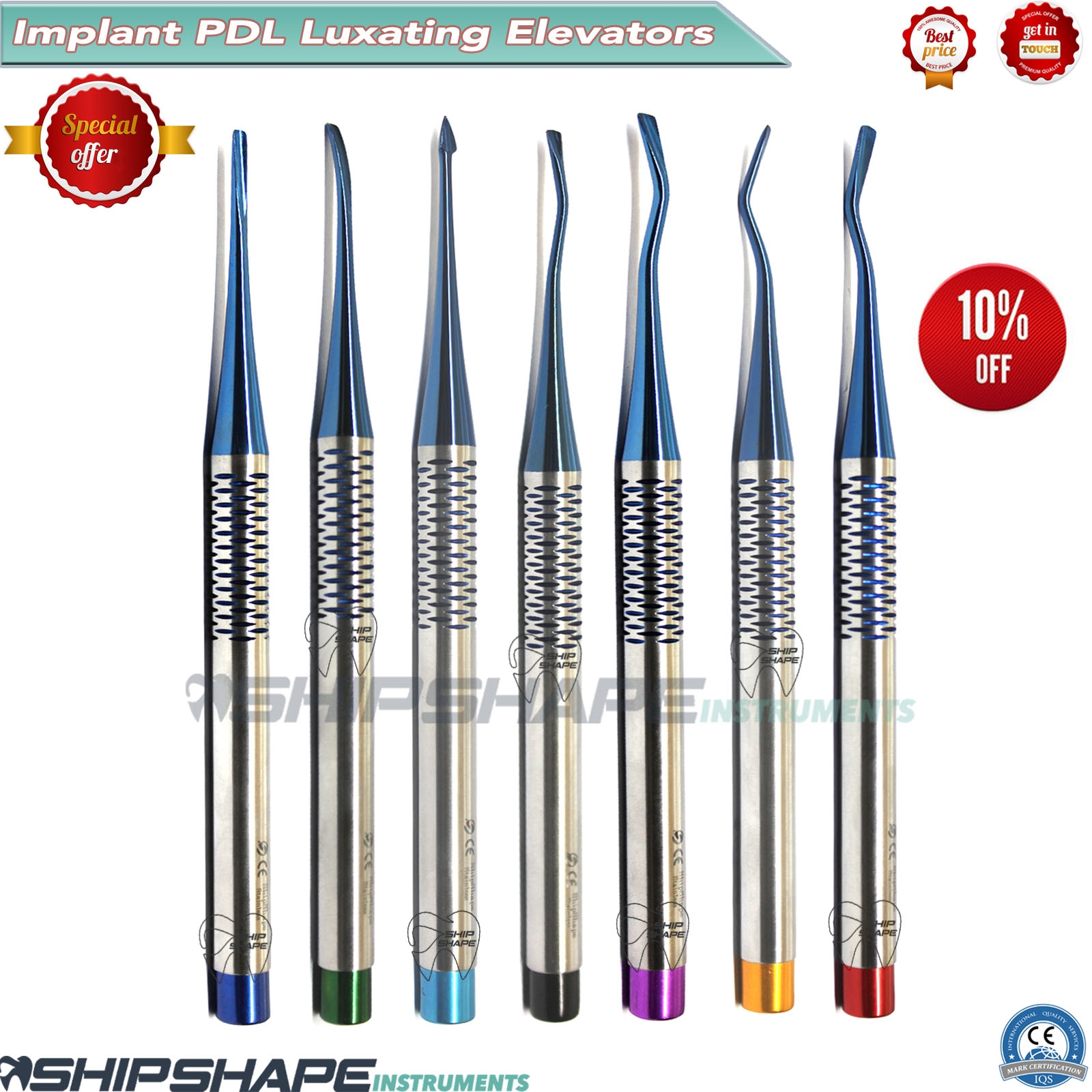 PDL Luxating Root Elevators Dental Precise Periotomes Titanium Coated Tips Set of 7-1943 PDL Luxating Root Elevators Dental Precise Periotomes Titanium Coated Tips Set of 7-1943