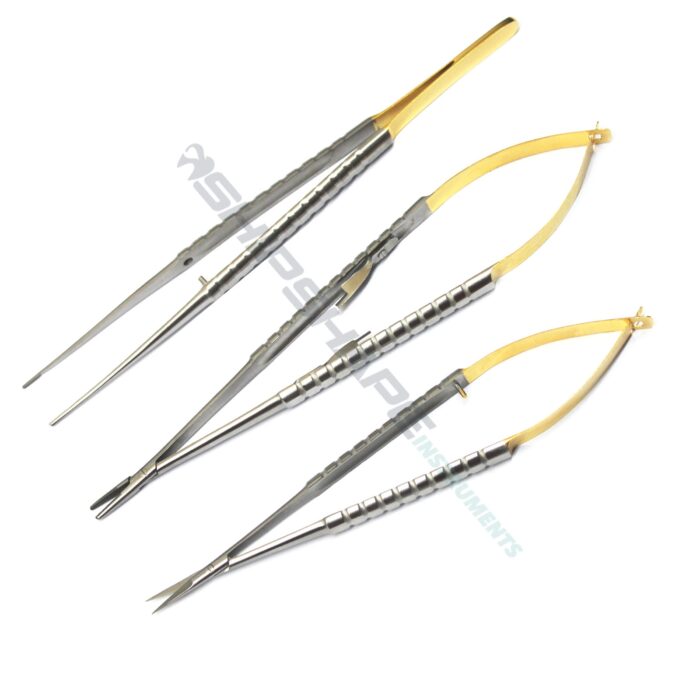 Castroviejo Needle Holder with Lock, Micro Spring Scissor, Gerald Tissue Forcep Dental Steel Instruments-0
